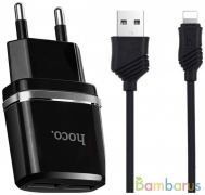 Сетевой адаптер HOCO C12 Smart dual USB (Lightning cable) Charger set (Black) | фото №0