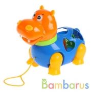 Каталка сортер бегемот, на веревочке, цвет в ассорт. в пак. (русс. уп.) в кор.2*36шт | фото №0