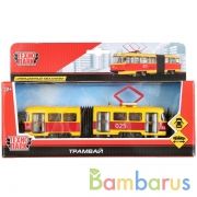 Модель металл Трамвай с гармошкой 19см, инерц., открыв. двери в русс. кор. Технопарк в кор.2*24шт | фото №0