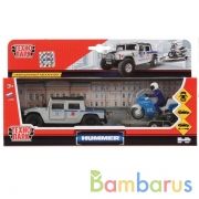 Машины металл Hummer H1 полиция 12см, инерц. + мотоцикл на прицепе в кор. Технопарк в кор.2*12шт | фото №0