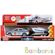 ТМ ТЕХНОПАРК. МАШИНЫ МЕТАЛЛ. LADA VESTA ПОЛИЦИЯ 12СМ, ИНЕРЦ., ОТКР. ДВЕРИ + ЛОДКА В КОР в кор.2*12шт | фото №0