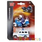 НАБОР ИЗ 2-Х МОДЕЛЕЙ ПОЛИЦИЯ "ТЕХНОПАРК" МЕТАЛЛ. УАЗ ХАНТЕР И МОТОЦИКЛ В БЛИСТЕРЕ в кор.2*72наб | фото №0