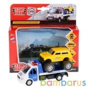 Машины металл ГАЗ Газель эвакуатор 12см, инерц. + лада 4х4 б/к 7,5см. в кор. Технопарк в кор.2*24шт | фото №0